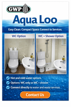 iAqua Loo toilet cistern, showing two bathroom installation options: 'WC Option' and 'WC + Shower Option'.