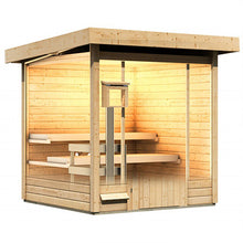 Wooden sauna with benches and a door on a white background