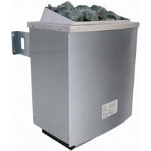 Metallic sauna heater with rocks on top against a white background