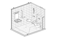 Line drawing of a bathroom layout with shower, sink, and toilet.