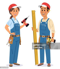 Two cartoon workers in blue overalls with tools on a white background